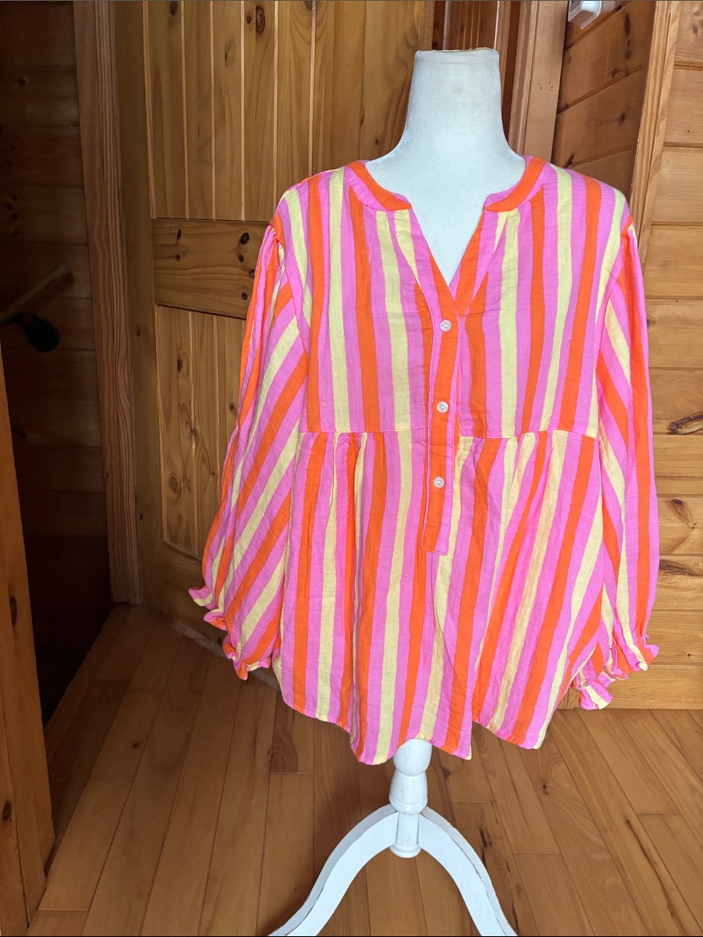 Vibrant colorful striped 100 percent gauze cotton billow sleeve top